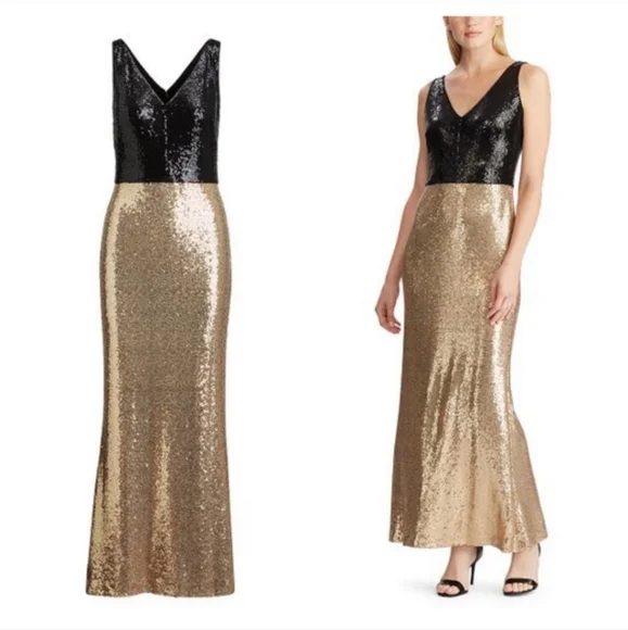 Ralph Lauren Black/Gold Evening Sequin Gown Maxi Dress 12 NEW NWT Holiday Gown - Picture 1 of 5